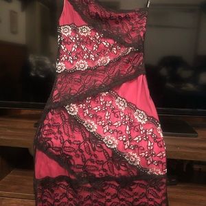 Hot pink with sheer lace detail overlay cocktail dress